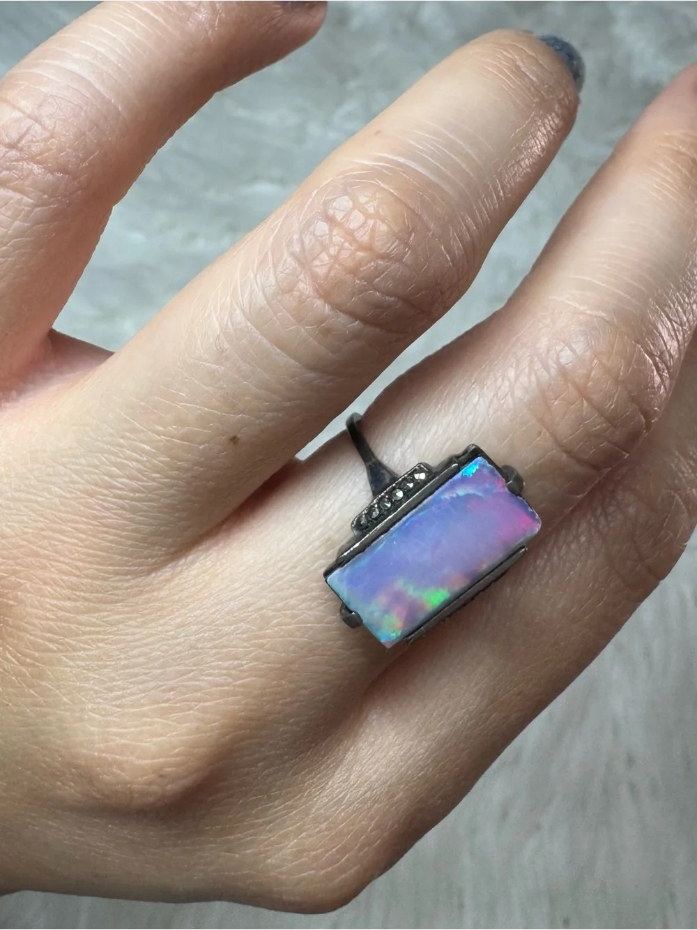 Sterling Silver Opal Rectangular Ring - Iridescent Blue-Green